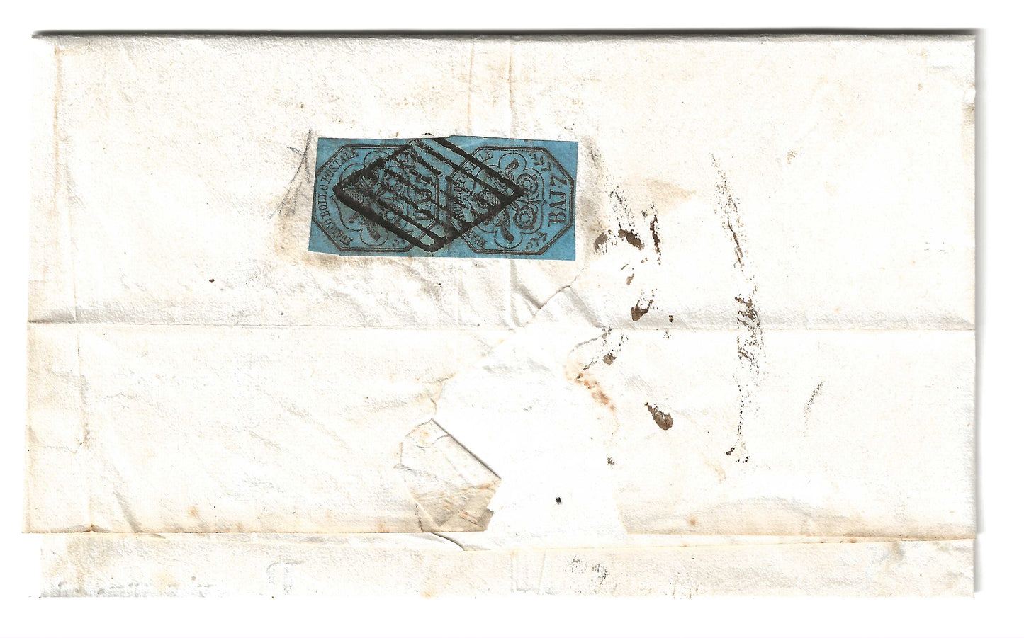 1857 Stato Pontificio - Involucro da Ferrara a Cento porto segnato con coppia francobolli da 7 baj.