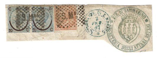 1867 Regno d'Italia Frammento con annulli a griglia di San Marino su francobolli effigie Vittorio Emanuele II