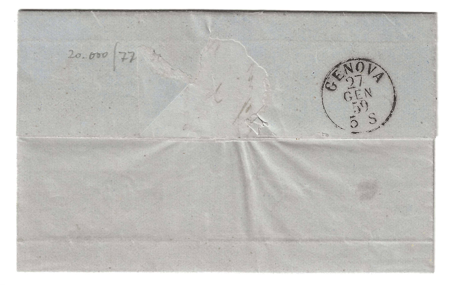 1859 Regno di Sardegna - Piego di lettera da S. MARGHERITA RAPALLO a Genova con francobollo da 20 c. IV emissione