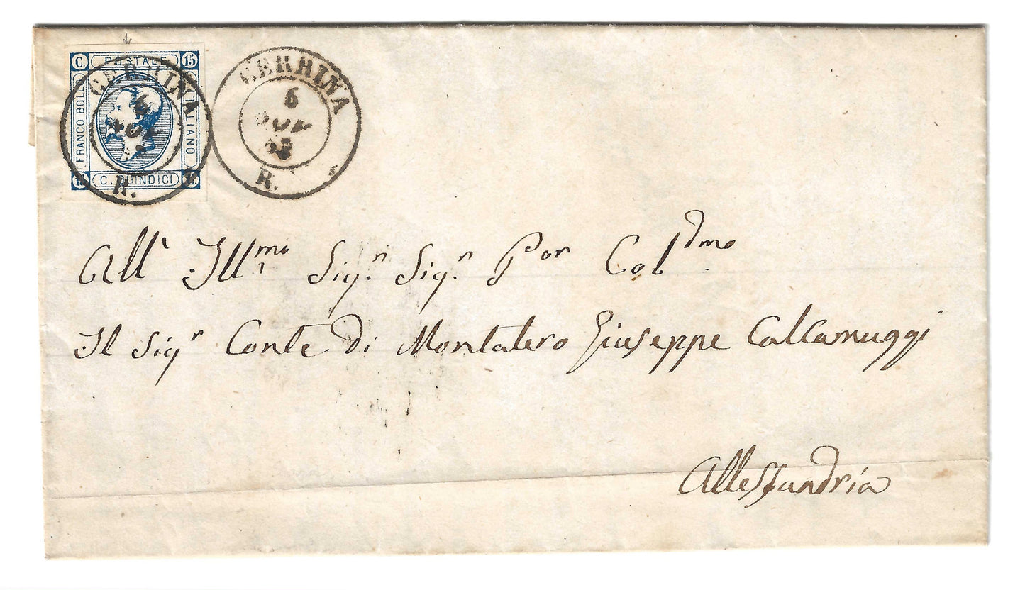 1863 Regno d'Italia - Piego da CERRINA R. ad Alessandria con francobollo da 15 c. litografico del II tipo