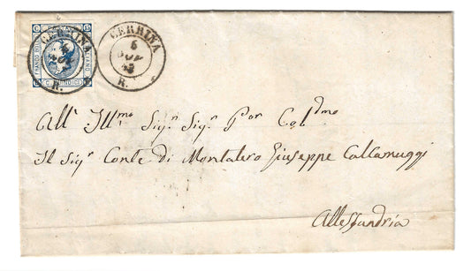 1863 Regno d'Italia - Piego da CERRINA R. ad Alessandria con francobollo da 15 c. litografico del II tipo