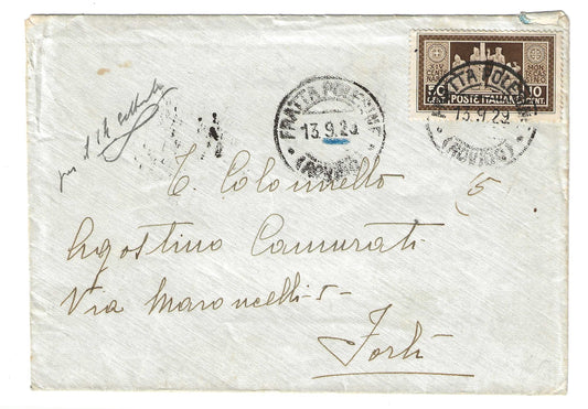 1929 Regno d'Italia Busta per Forlì con francobollo 50 + 20 c. serie Fondazione Abbazia di Montecassino