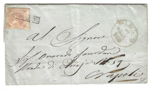 1859 Regno di Napoli - Piego da Lecce a Napoli con francobollo da 2 grana rosa chiaro