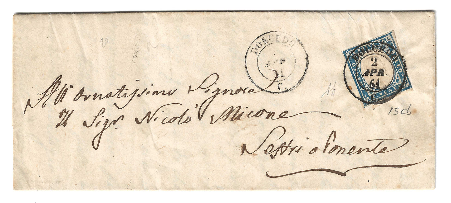 1861 Regno di Sardegna - Piego da DOLCEDO a Sestri Ponente con francobollo da 20 c. Sassone 15Cb