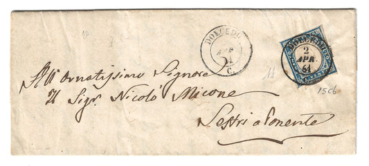 1861 Regno di Sardegna - Piego da DOLCEDO a Sestri Ponente con francobollo da 20 c. Sassone 15Cb