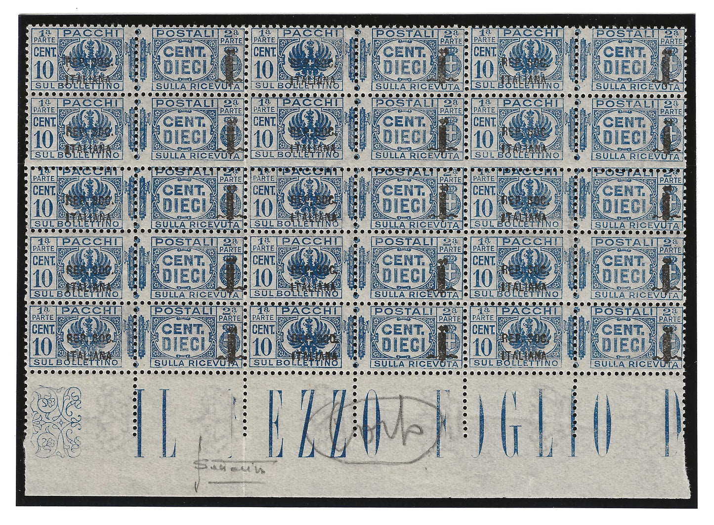 1944 Repubblica Sociale italiana RSI - Blocco di francobolli 10 c. Pacchi Postali alcuni con varietà certificato Sottoriva MNH**
