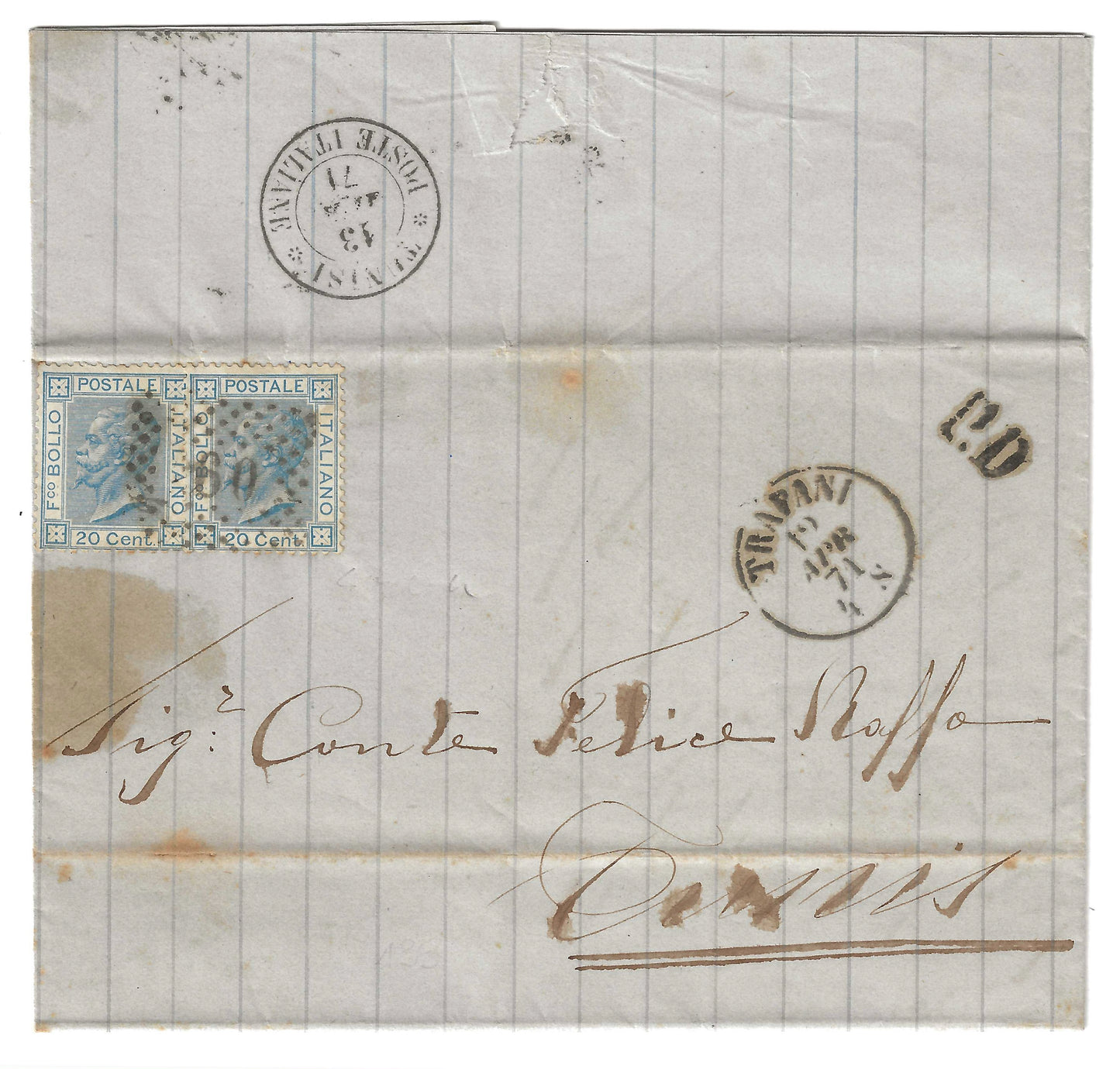 1871 Regno d'Italia - Piego di lettera da Trapani a Tunisi e coppia francobolli 20 c. tipo Bigola