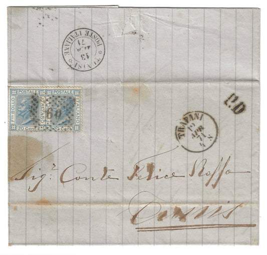 1871 Regno d'Italia - Piego di lettera da Trapani a Tunisi e coppia francobolli 20 c. tipo Bigola