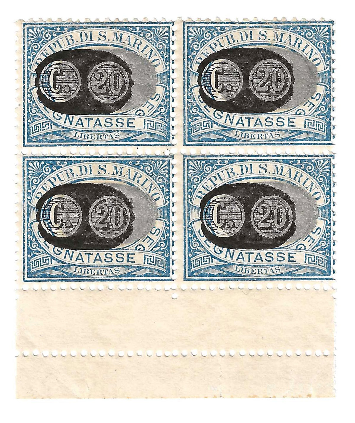 1931 San Marino - Segnatasse soprastampati in quartina 20 su 5 c. MNH**