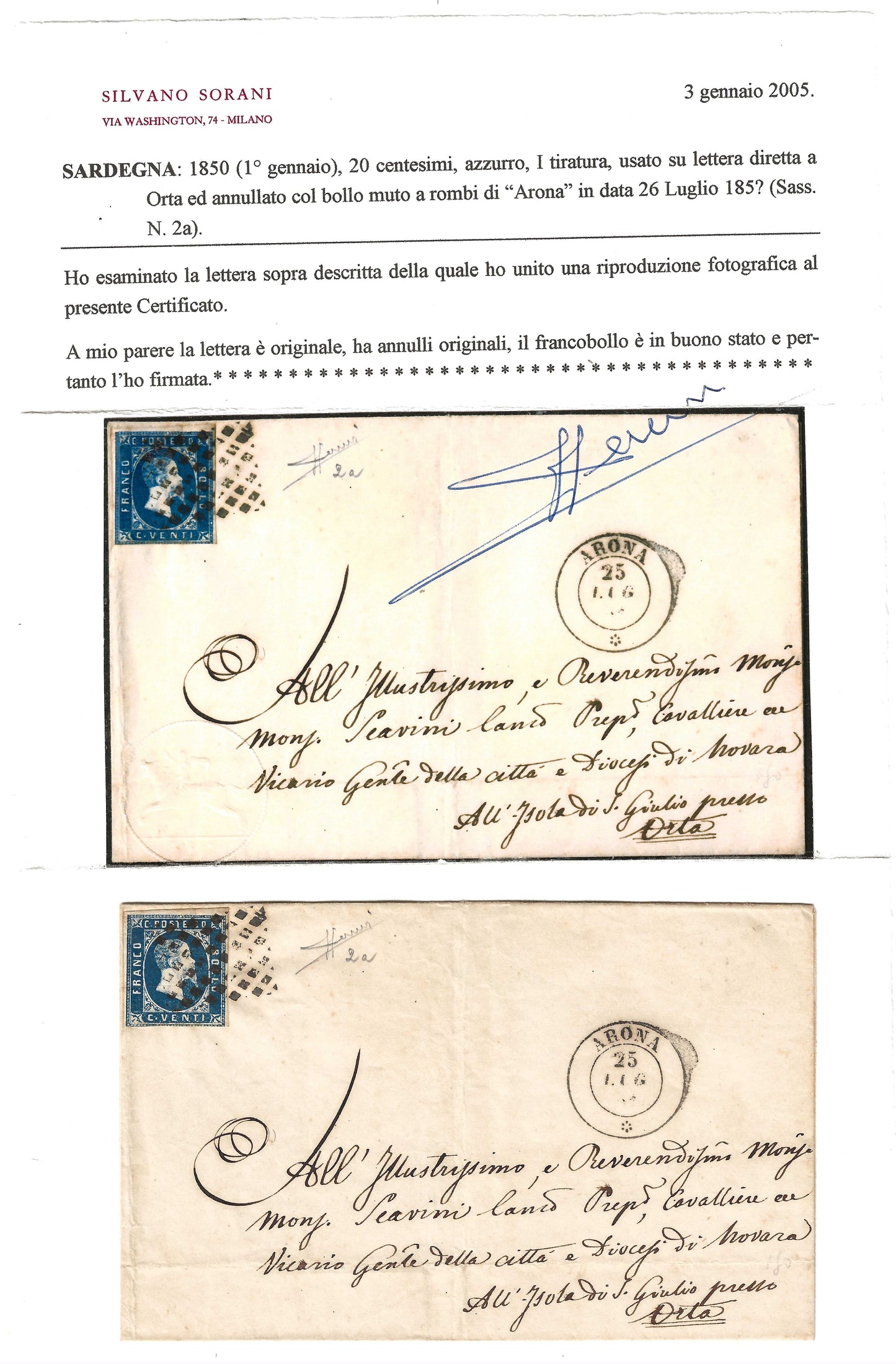 1851 Regno di Sardegna - Piego da ARONA ad Orta con francobollo da 20 c. azzurro I emissione