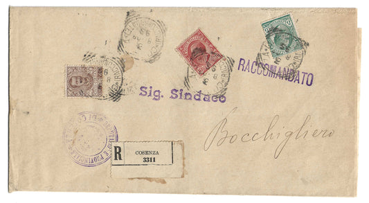 1908 Regno d'Italia piego da Cosenza a Bocchigliero con francobolli 40 c. serie Floreale e Leoni completa