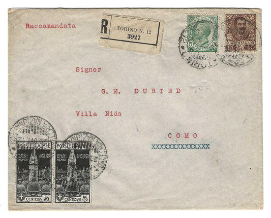 1912 Regno d'Italia Busta per Como con francobolli serie Floreale, Leoni e Campanile S. Marco