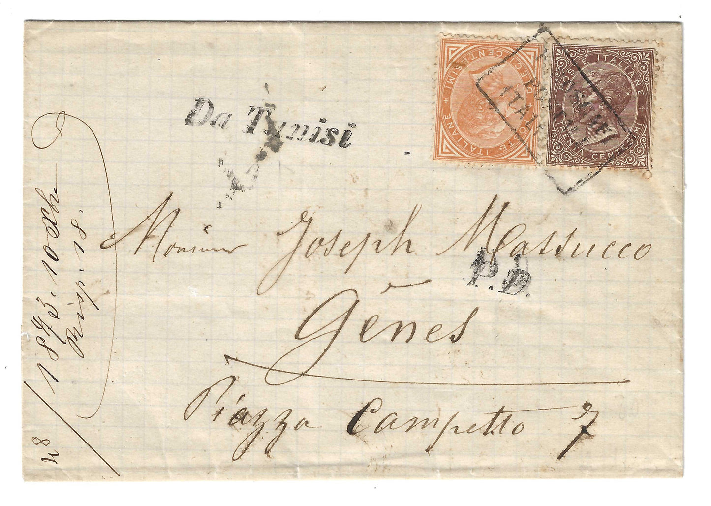 1873 Regno d'Italia - Piego con annullatore PIROSCAFI POSTALI ITALIANI su 10 e 30 c. e annullo Da Tunisi