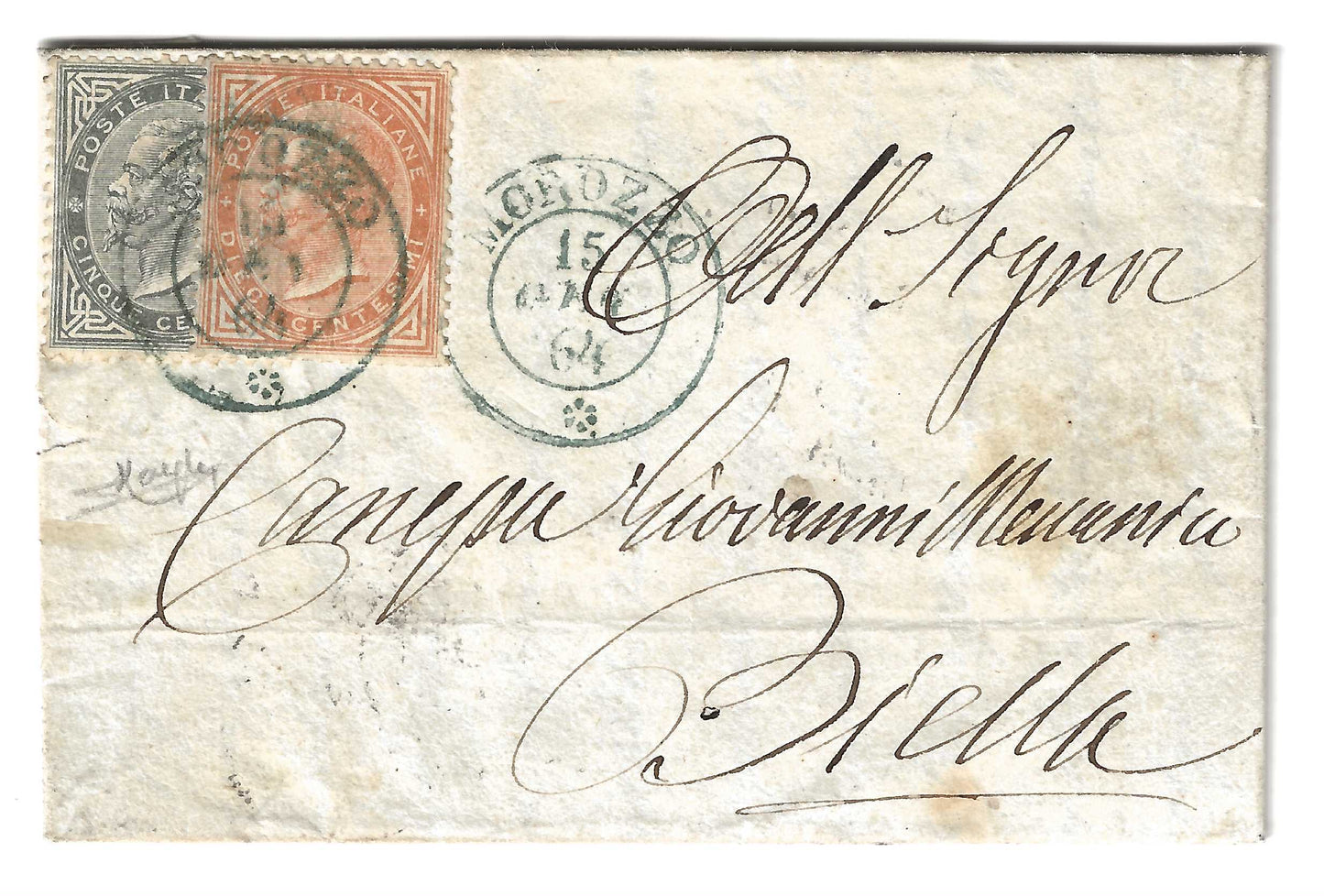 1864 Regno d'Italia - Lettera da MOROZZO a Biella con francobolli da 5 e 10 cent. De La Rue