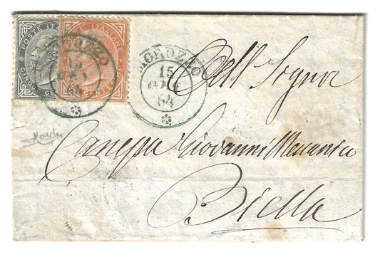 1864 Regno d'Italia - Lettera da MOROZZO a Biella con francobolli da 5 e 10 cent. De La Rue