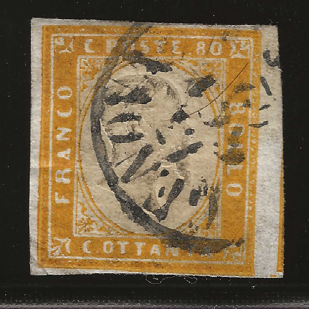 1861 Regno di Sardegna - Francobollo da 80 c. giallo arancio Sassone 17C usato a Genova nel 1862