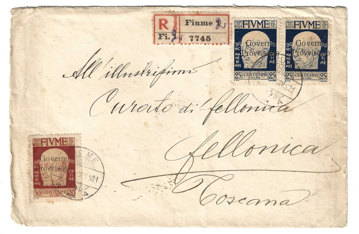 1922 Fiume - Busta per Follonica con valori D'Annunzio e Costituente 24-IV-1921
