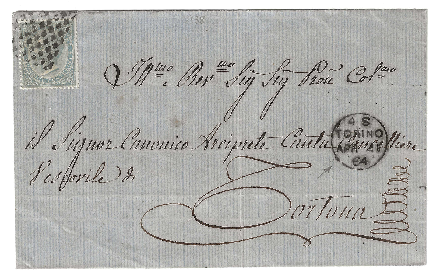 1864 Regno d'Italia - Piego con francobollo 15 c. De La Rue e annullo Torino a cerchio piccolo