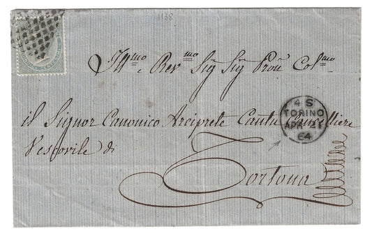 1864 Regno d'Italia - Piego con francobollo 15 c. De La Rue e annullo Torino a cerchio piccolo