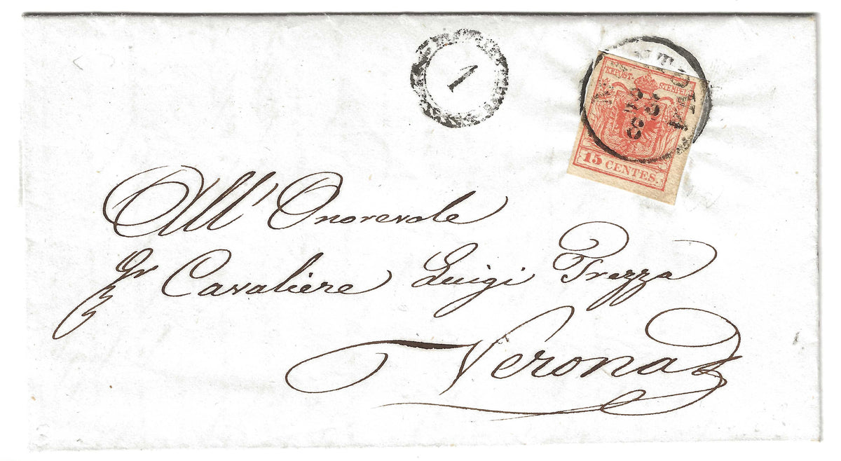 1854 Lombardo Veneto - Francobollo da 15 c. I emissione tipo III da Mantova a Verona