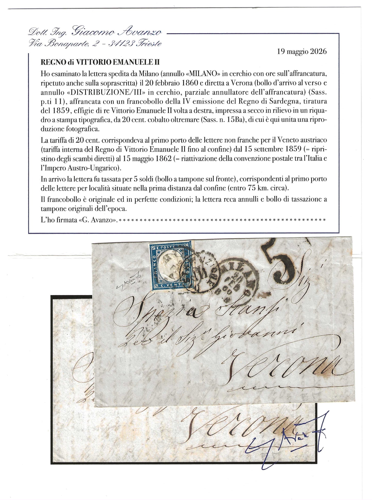 1860 Regno di Sardegna Piego di lettera con francobollo 20 c. e annullo Distribuzione III certificato Avanzo