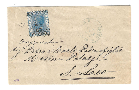 1874 Regno d'Italia Busta con 20 c. Bigola e annullo della Repubblica di San Marino