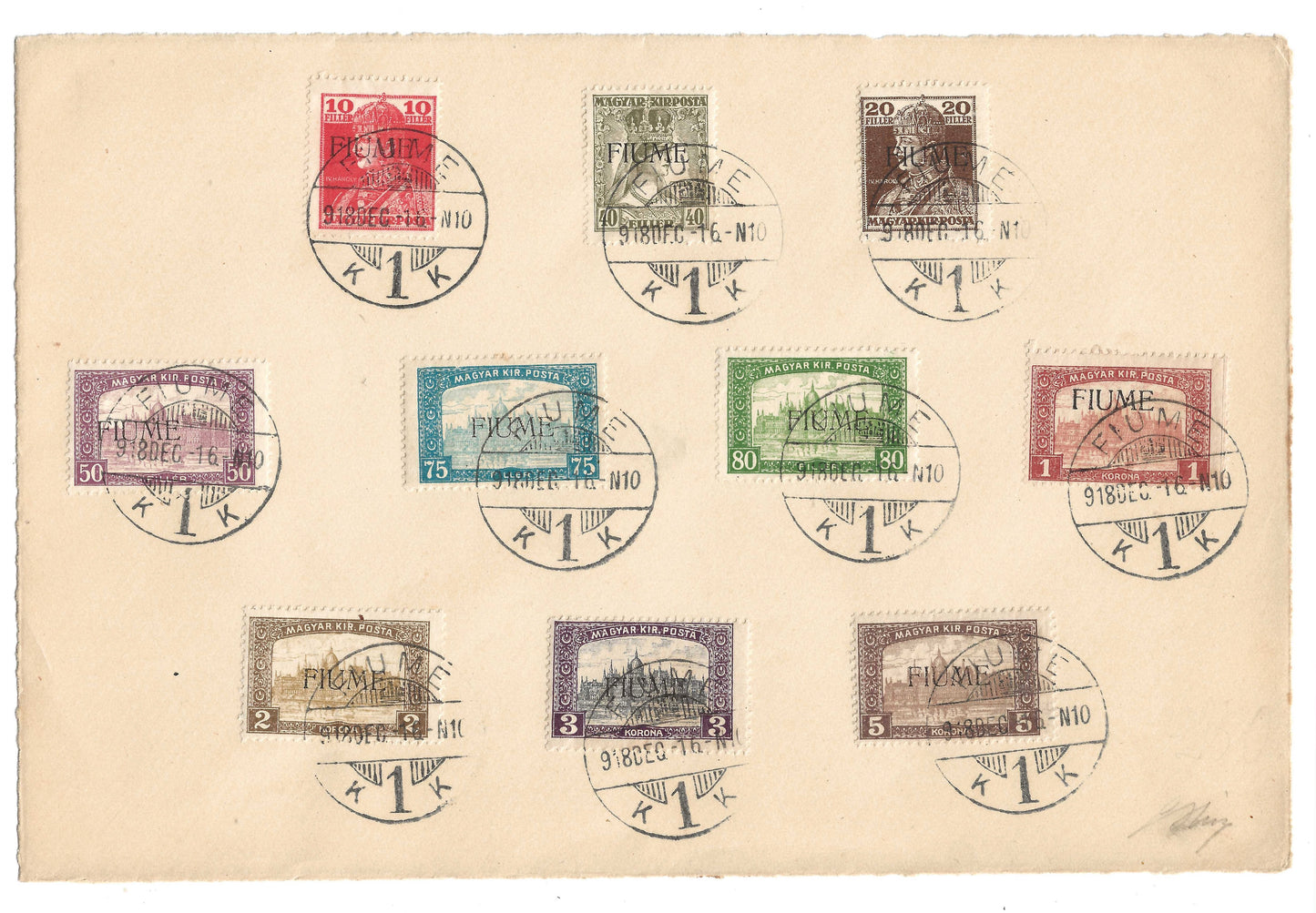 1918 Fiume Foglio filatelico con francobolli serie Vedute d'Ungheria e Carlo e Zita completa
