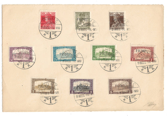 1918 Fiume Foglio filatelico con francobolli serie Vedute d'Ungheria e Carlo e Zita completa