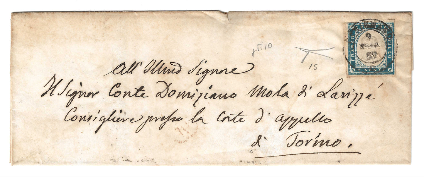 1857 Regno di Sardegna - Piego di lettera da CARIGNANO a Torino con francobollo da 20 c. tinta base IV emissione