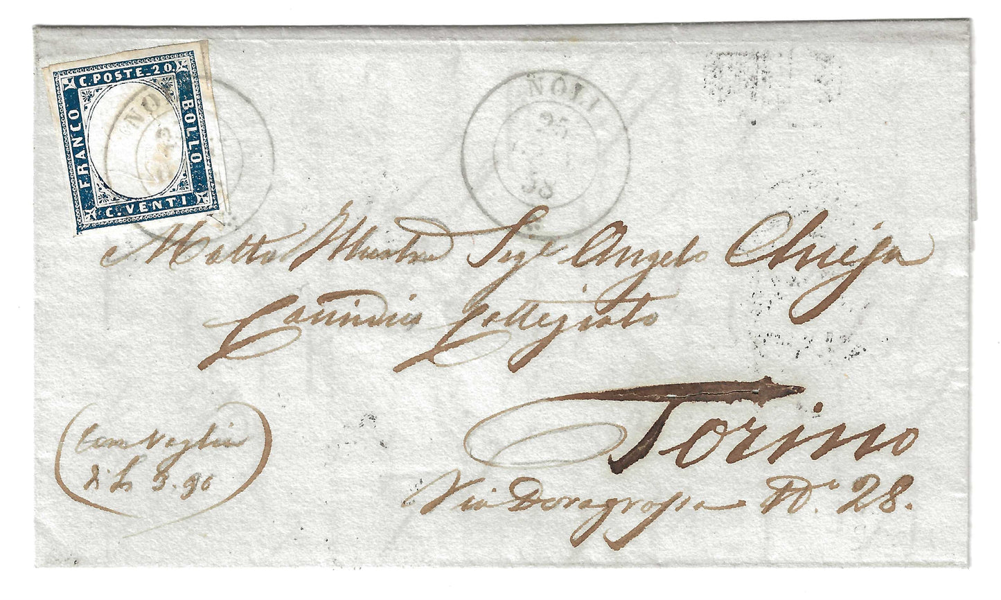 1858 Regno di Sardegna - Piego di lettera da NOLI a Torino con francobollo da 20 cent. IV emissione