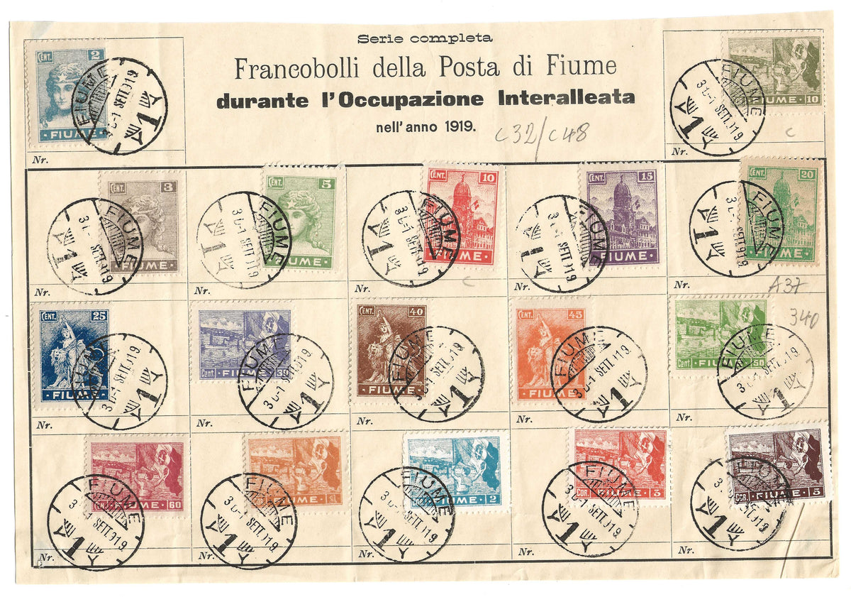 1919 Fiume - Foglio filatelico con serie completa francobolli Carta C Allegorie e Vedute