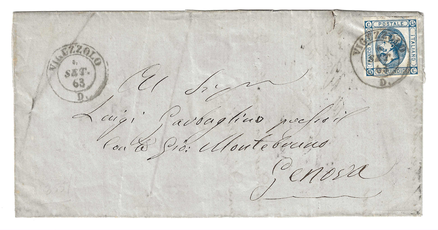 1863 Regno d'Italia - Piego di lettera da VIGUZZOLO a Genova con francobollo da 15 c. litografico del II tipo