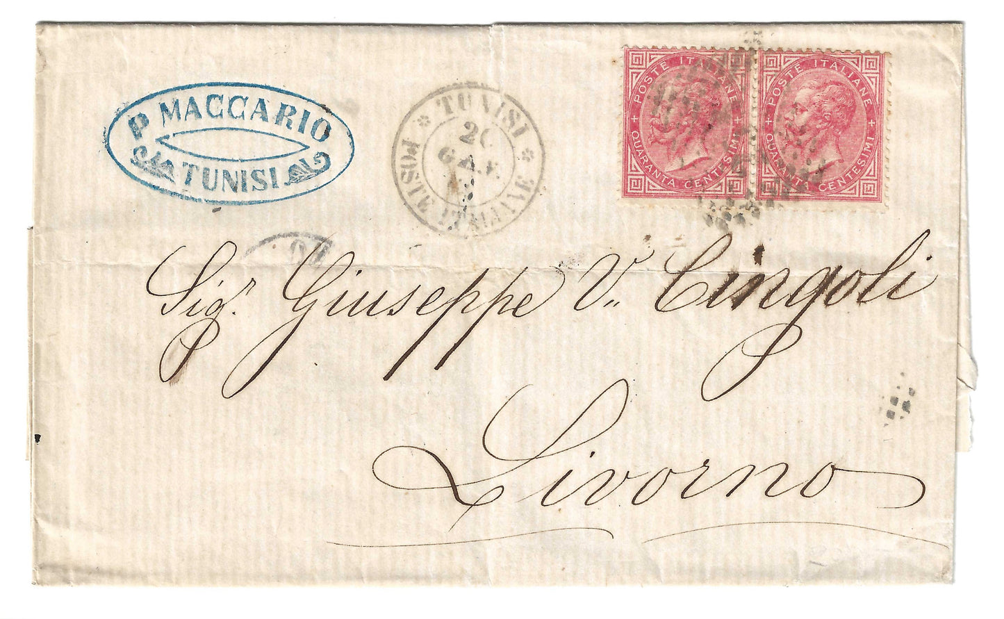 1869 Regno d'Italia - Piego da Tunisi a Livorno con coppia francobolli da 40 cent. Torino numerale punti
