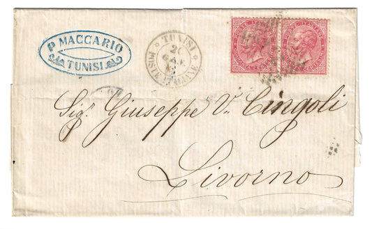 1869 Regno d'Italia - Piego da Tunisi a Livorno con coppia francobolli da 40 cent. Torino numerale punti