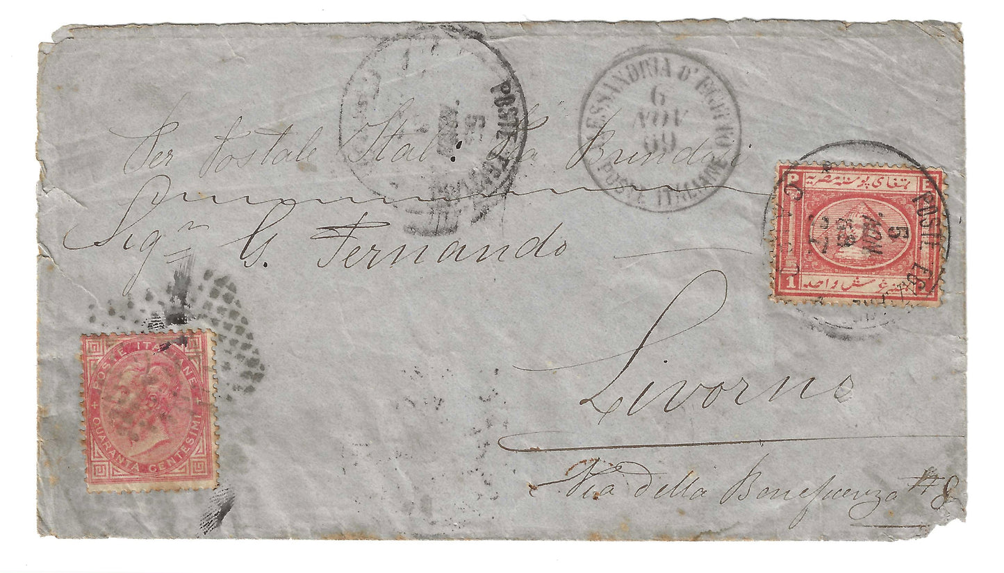 1868 Regno d'Italia - Busta per Livorno con francobolli da 40 c. e 1 p. Egitto annullo di Alessandria d'Egitto