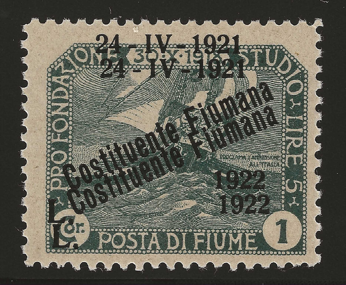 1922 Fiume - Francobollo da 1 l. Costituente Fiumana 24-IV-1921 doppia soprastampa MNH**