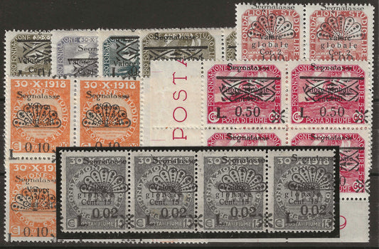 1921 Fiume - Francobolli Segnatasse soprastampati in quartine Sassone 15 + 18/24 MNH**