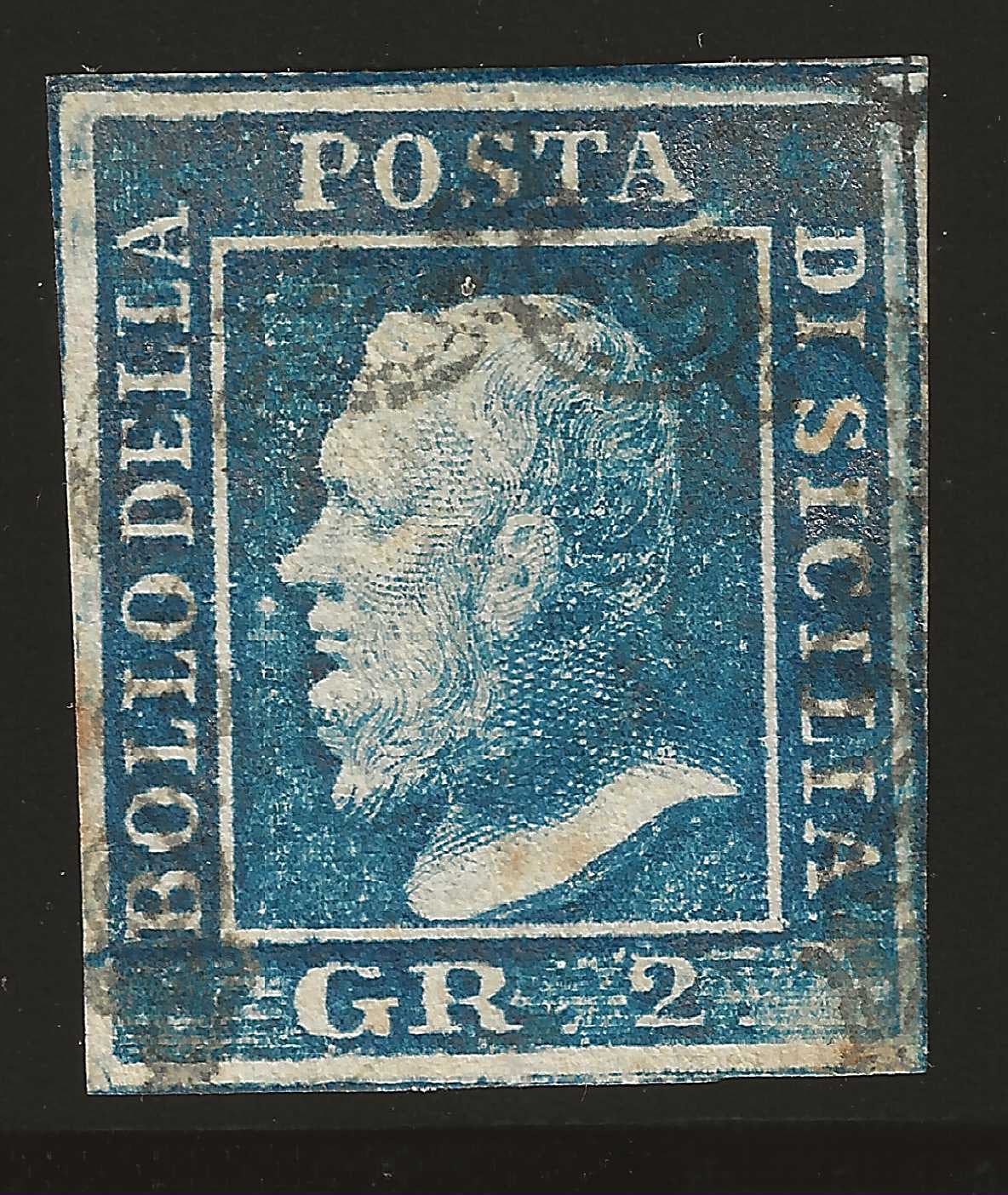 1859 Sicilia - Francobollo da 2 grana azzurro vivo I tavola posizione 24 usato