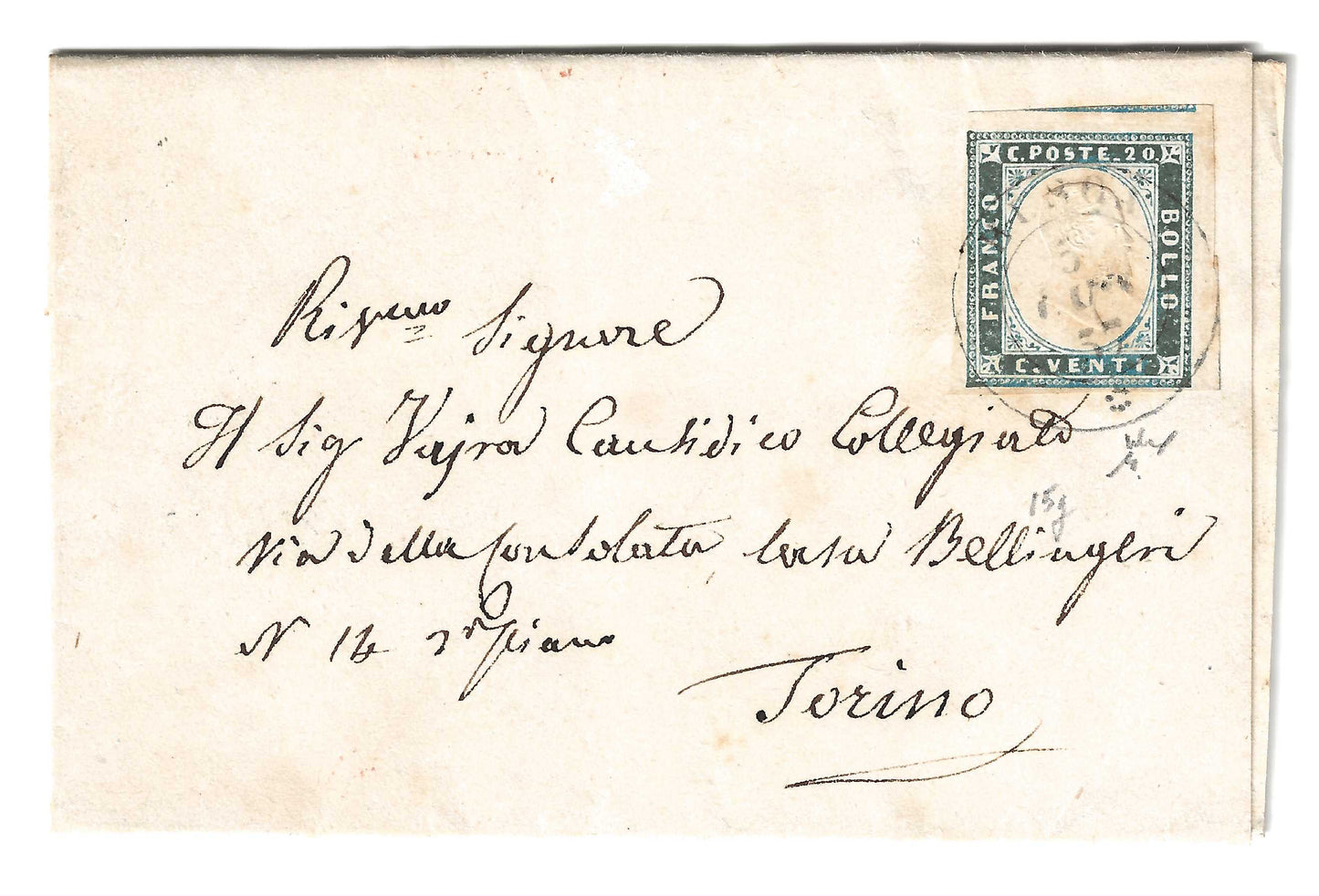 1857 Regno di Sardegna - Piego di lettera da BOSCO a Torino con francobollo da 20 c. IV emissione