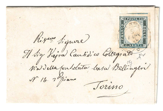 1857 Regno di Sardegna - Piego di lettera da BOSCO a Torino con francobollo da 20 c. IV emissione