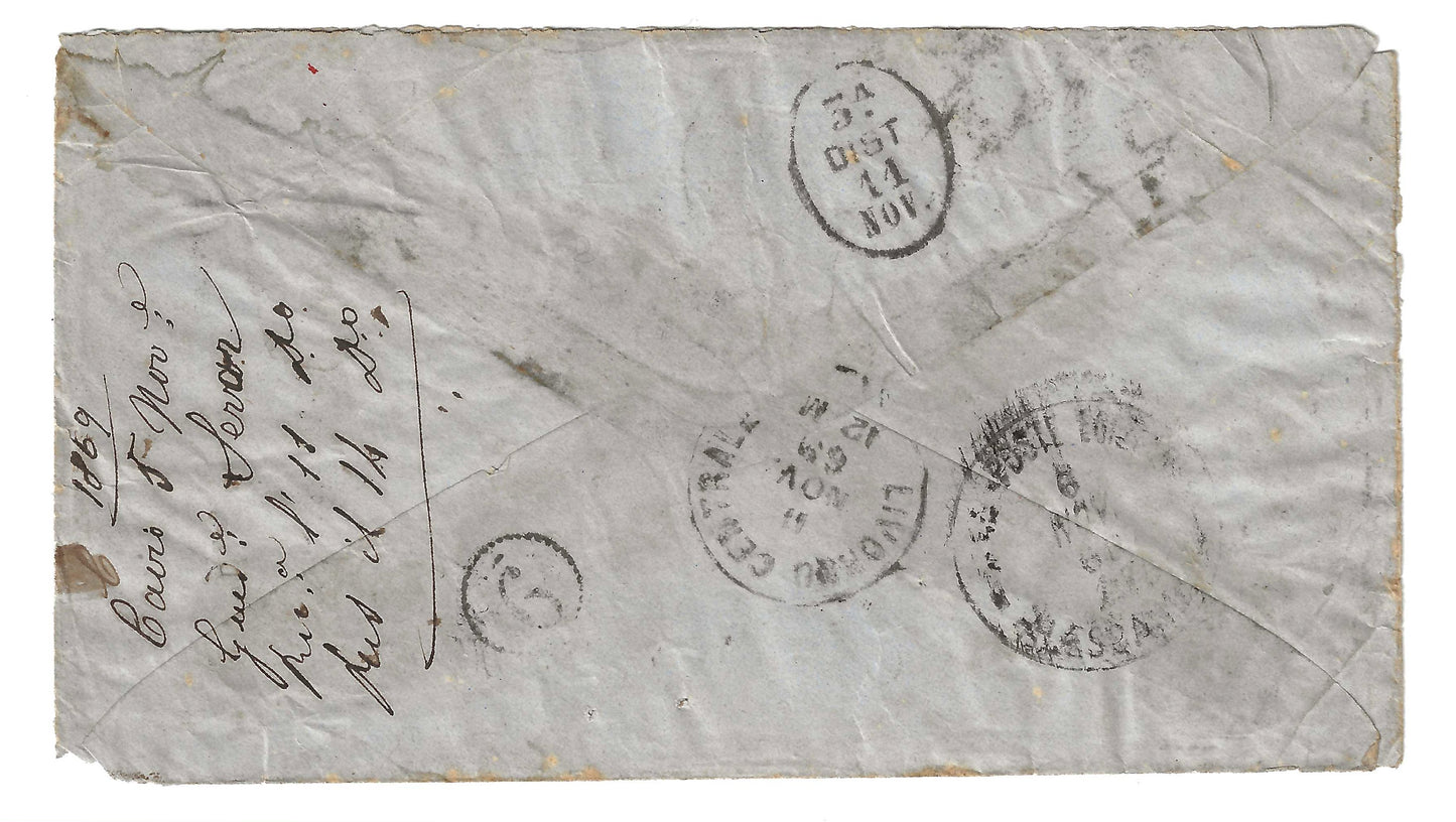 1868 Regno d'Italia - Busta per Livorno con francobolli da 40 c. e 1 p. Egitto annullo di Alessandria d'Egitto