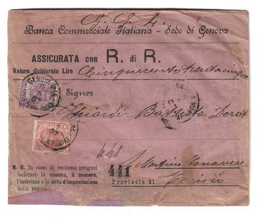 1907 Regno d'Italia Busta Assicurata per S. Martino Canavese con francobollo 50 c. malva serie Floreale