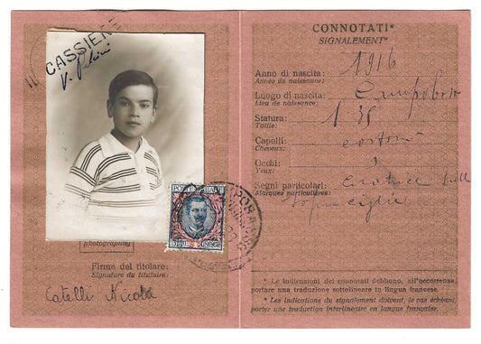 1928 Regno d'Italia - Tessera di riconoscimento postale con francobollo 5 l. Floreale 1901
