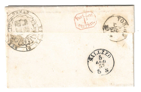 1857 Regno di Sardegna - Piego di lettera da BOSCO a Torino con francobollo da 20 c. IV emissione