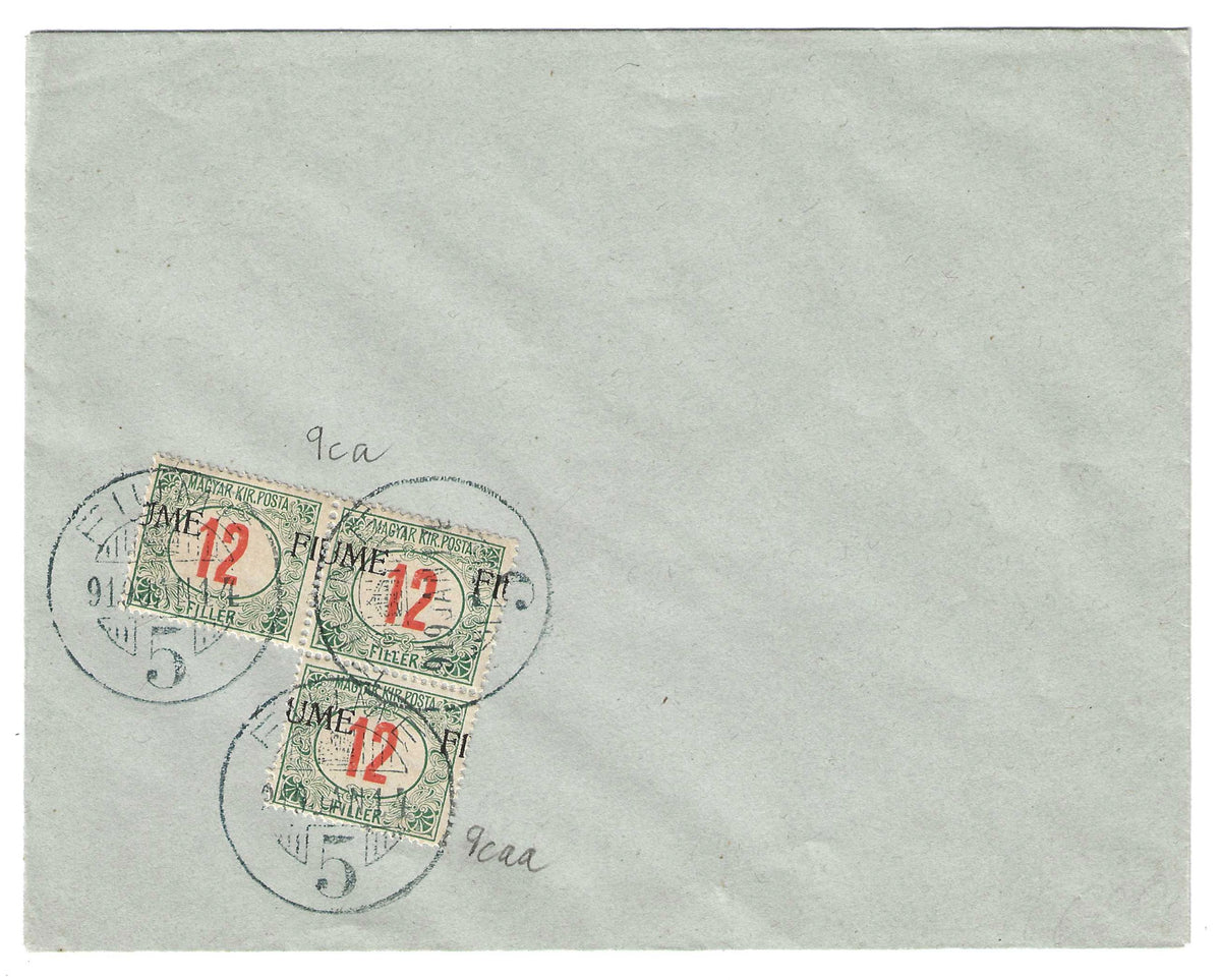 1919 Fiume - Busta con tre segnatasse da 12 f. del 1915 soprastampa spostata