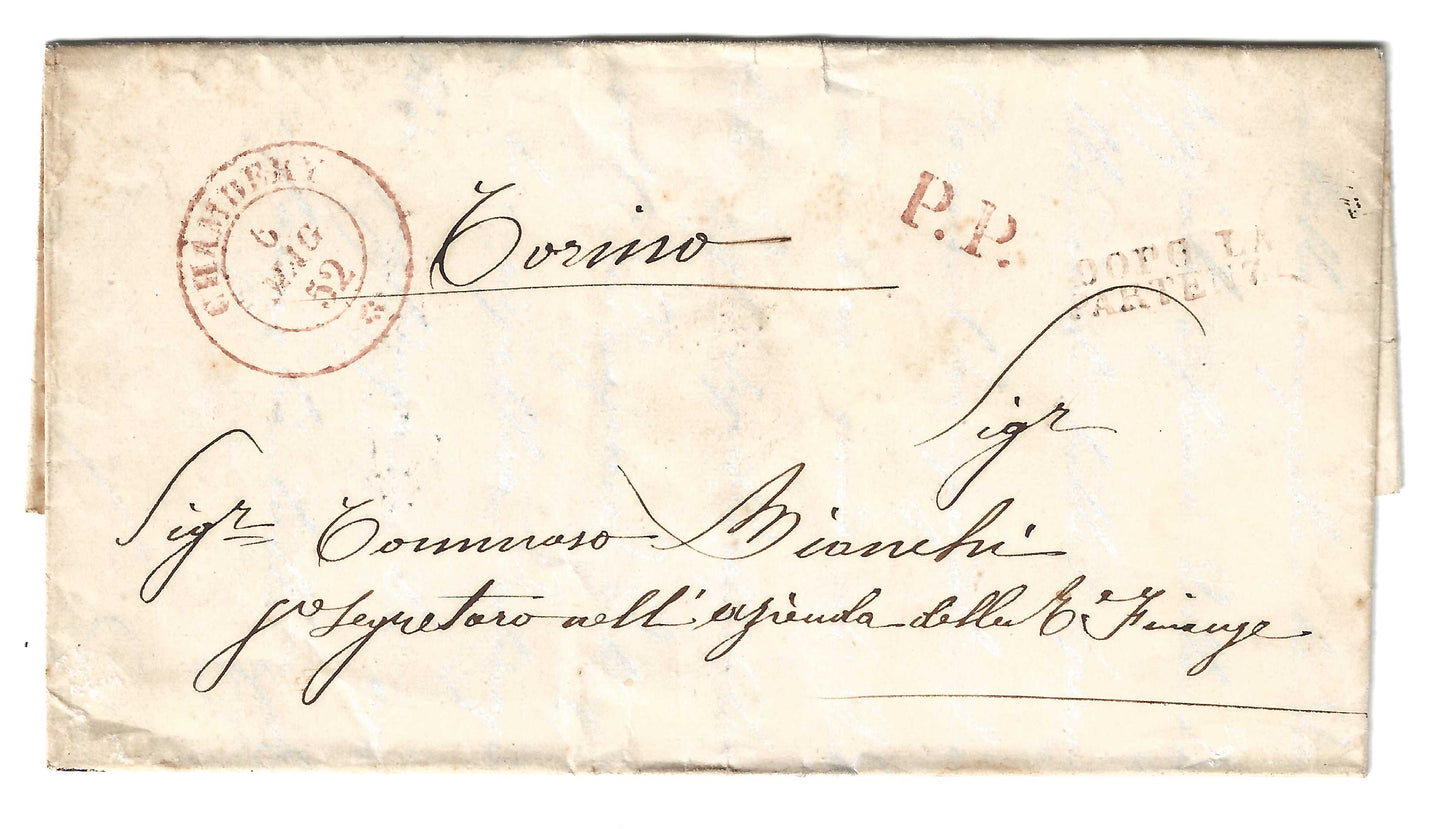 1852 Regno di Sardegna - Piego da CHAMBERY a Torino con timbri P.P. e DOPO LA / PARTENZA