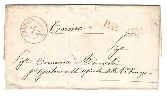 1852 Regno di Sardegna - Piego da CHAMBERY a Torino con timbri P.P. e DOPO LA / PARTENZA