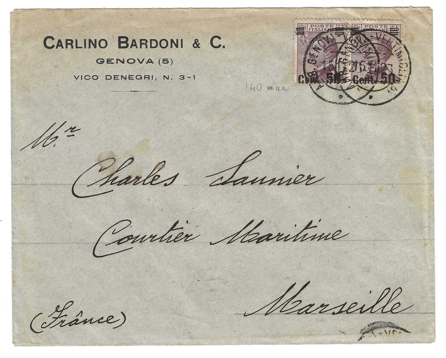 1923 Regno d'Italia Busta per Marsiglia con coppia francobolli 50 su 55 c. tipo Michetti varietà soprastampa fortemente spostata