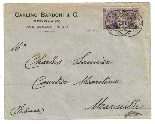 1923 Regno d'Italia Busta per Marsiglia con coppia francobolli 50 su 55 c. tipo Michetti varietà soprastampa fortemente spostata