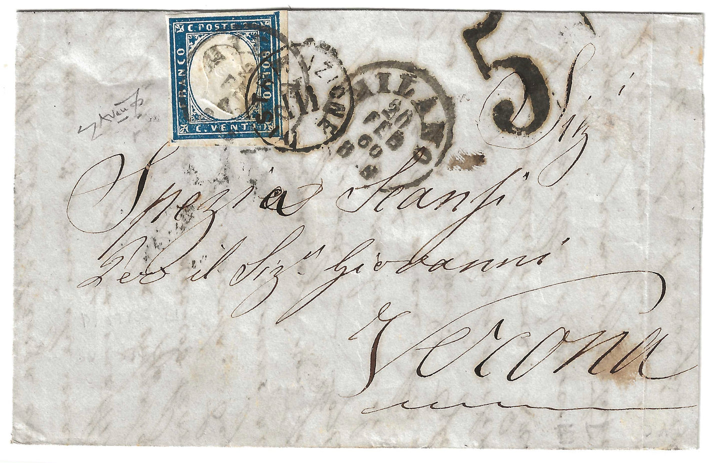 1860 Regno di Sardegna Piego di lettera con francobollo 20 c. e annullo Distribuzione III certificato Avanzo